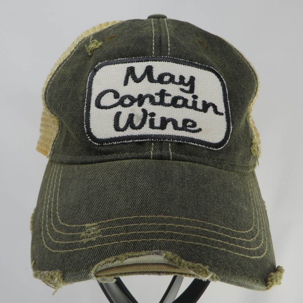 May Contain Wine Trucker Hat Distressed Olive Tan Mesh Snapback Patch Cap
